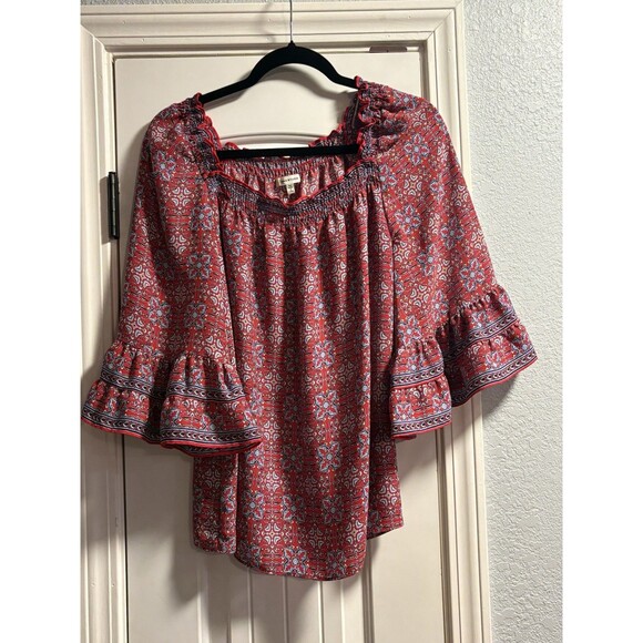 MAX STUDIO Off The Shoulder Top Blouse Womens Large  3/4 Sleeve Red Blue Print - Picture 1 of 5